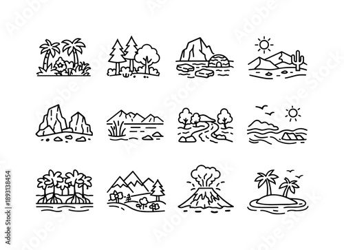 Natural Habitats Icons. Natural Habitats. Line icon set of Natural Habitats: tropical rainforest, temperate forest, arctic ice, sandy desert, rocky desert,