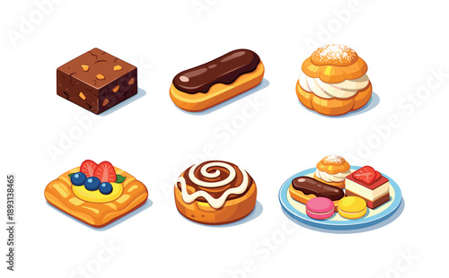 Colorful Bakery Icons. Bakery desserts. Isometric flat vector icons set of bakery desserts: brownie square, eclair with glaze, cream puff, fruit Danish,