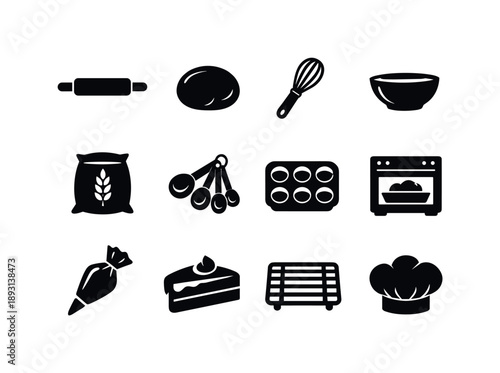 Baking Icon Set. Baking Cooking Show. Solid icon set of Baking Cooking Show: rolling pin, dough ball, whisk, baking bowl, flour bag, measuring spoon, cupcake