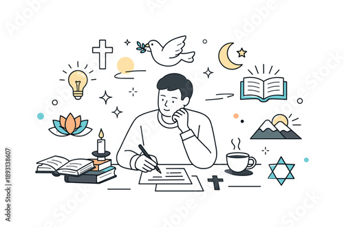 Literary Spiritual Inspiration. Spiritual motifs in literature. Writer at a desk with books and notes, incorporating religious themes and symbols into stories,