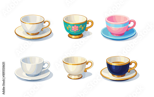 Elegant Tea Set Icons. Tea set elegance. Isometric flat vector icons set of tea set elegance: teacup and saucer pair, decorative cup motif, pastel glazed cup,