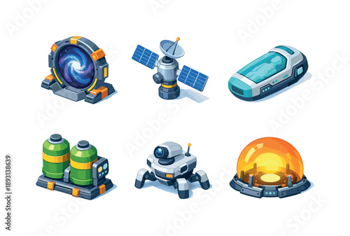 Intergalactic Iconography Grid. Intergalactic travel. Isometric flat vector icons set of Intergalactic travel: galaxy jump gate, long range communication