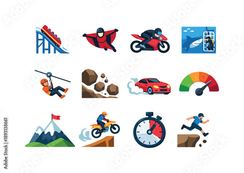 Adrenaline Adventure Icons. Adrenaline rush. Colorful flat vector icons set of Adrenaline rush: rollercoaster drop, wingsuit flyer, racing bike, shark dive,