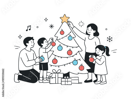 Family Christmas Joy. Family decorating Christmas tree. Parents and children placing ornaments on a Christmas tree together, calm smiles and gentle movements.