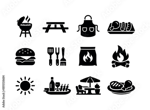 Outdoor Grilling Essentials. Outdoor Grilling. Solid icon set of Outdoor Grilling: backyard grill, picnic table, grill apron, food tray, burger bun, grilling
