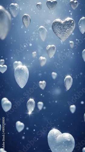 Magical blue background with floating silver glitter hearts and sparkling bokeh lights for Valentines Day or romantic celebrations