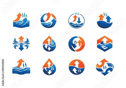 Evaporation & Condensation Icons. Evaporation and condensation. Icon set. Set Logo of Evaporation and condensation: arrows cycling between liquid and vapor.