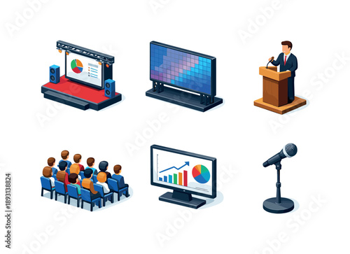Isometric Conference Icons. Conference. Isometric flat vector icons set of Conference: stage with presentation screen, large LED panel, keynote presenter