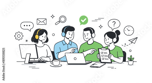 Customer Service Collaboration. Customer service desk. A small team collaborating at desks, reviewing tickets and assisting customers together. Calm teamwork