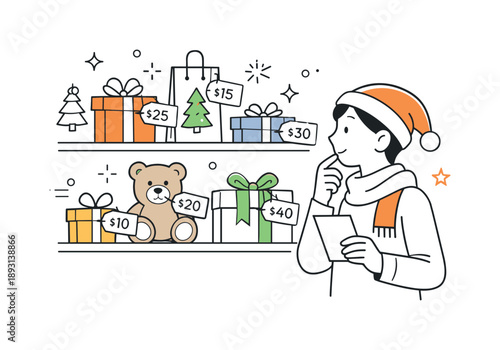 Christmas Gift Shopping Scene. Shopping for Christmas gifts browsing. Person looking at shelves with gifts and price tags, calmly comparing options. Careful