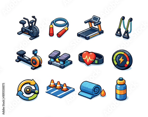 Cardio Equipment Icons. Cardio conditioning. Colorful isometric vector icons set of cardio conditioning: air bike fan, jump rope, treadmill, rowing machine,