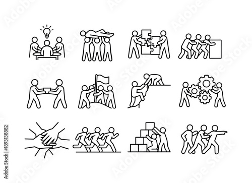 Teamwork Icon Set. Team Actions. Line icon set of Team Actions: brainstorming together, lifting teammate, assembling piece by piece, pushing obstacle as group,