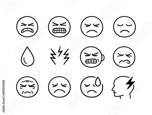 Painful Expression Icons. Painful Expression. Line icon set of Painful Expression: grimacing face, clenched teeth face, furrowed brows, closed eyes face, tear