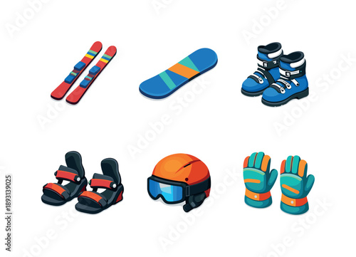 Ski Gear Grid. Ski Snowboard. Isometric flat vector icons set of Ski Snowboard: alpine skis pair, snowboard deck, ski boots pair, snowboard bindings, ski