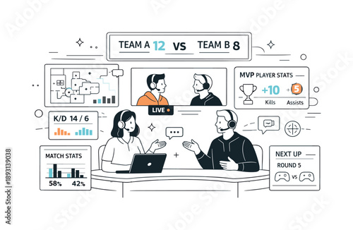 Future Esports Broadcast. Future of esports broadcasting. A stylized broadcast setup with virtual screens, live data graphics, and interactive elements. Clean
