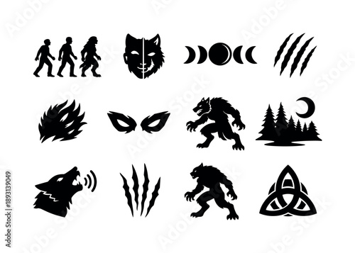 Lycanthrope Icon Set. Lycanthrope. Solid icon set of Lycanthrope: human to wolf transition, half-wolf face, moon phases, sharp claws, fur texture, glowing