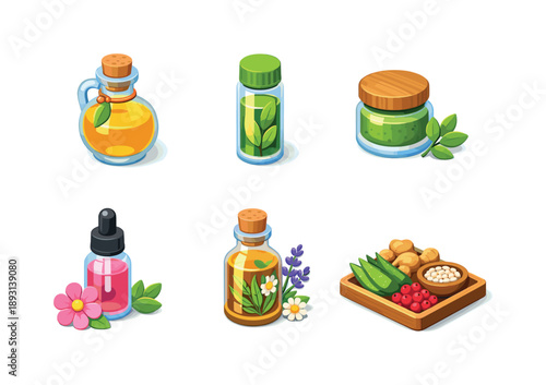 Natural Extract Icons. Natural Extracts. Isometric flat vector icons set of Natural Extracts: plant oil bottle, leaf-infused vial, botanical extract jar,