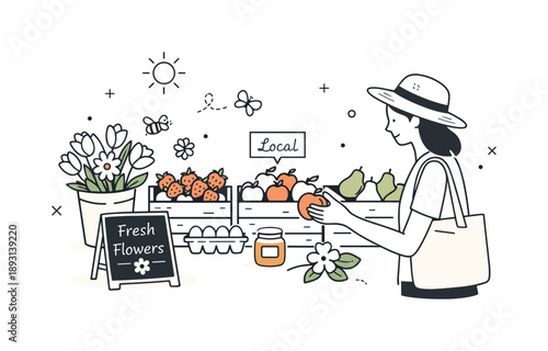Fresh Market Finds. Farmers market lifestyle. A calm scene of browsing fruits and flowers arranged neatly on a market stand, highlighting freshness,