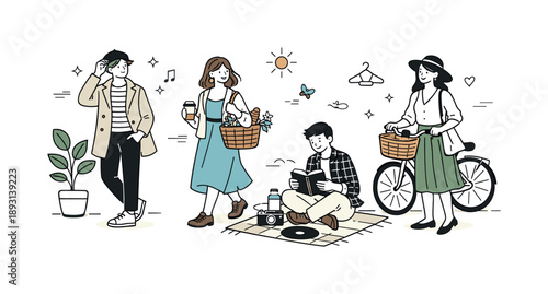 Vintage Fashion Vibes. Slow fashion culture. People enjoying vintage outfits in everyday life, relaxed movement and open space emphasizing sustainability,