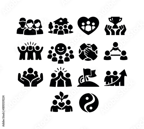Community Icons. Community Joy Scene. Solid icon set of Community Joy Scene: diverse people group, neighborhood gathering, community heart, shared success