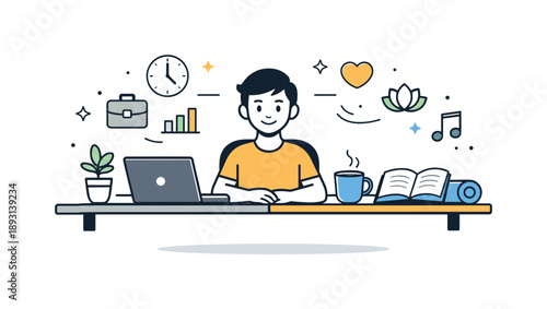 Balanced Work-Life Illustration. Work-life balance scene. A person sitting at a desk with a laptop on one side and relaxing items like a book, coffee, or yoga