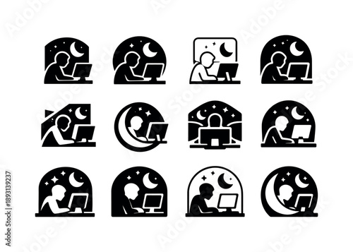 Late-Night Work Icon. someone continuing to work late into the night, focused. Icon set. Set Logo of someone continuing to work late into the night, focused: