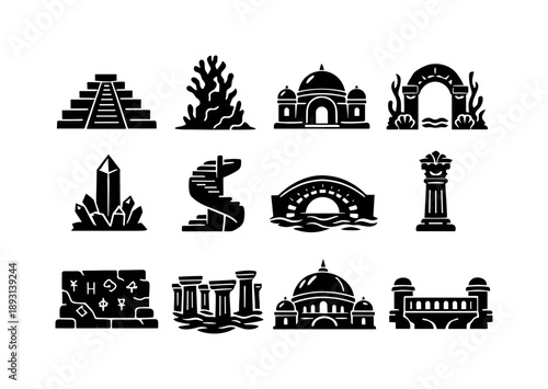 Atlantean Myth Icons. Atlantean myth. Solid icon set of mythical architecture: stepped temple, coral tower, dome shrine, underwater gate, crystal obelisk,