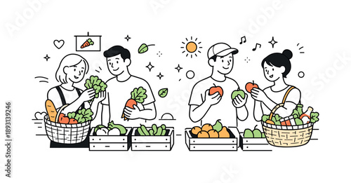 Market Produce Shopping. Fresh produce shopping at the market. People comparing items and smiling, baskets filling with fruits and greens, calm sustainable