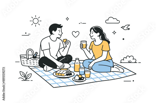 Charming Picnic Moment. Couple picnic outdoors. A couple sits on a blanket sharing food and conversation in a park setting. Warmth, closeness, and slow