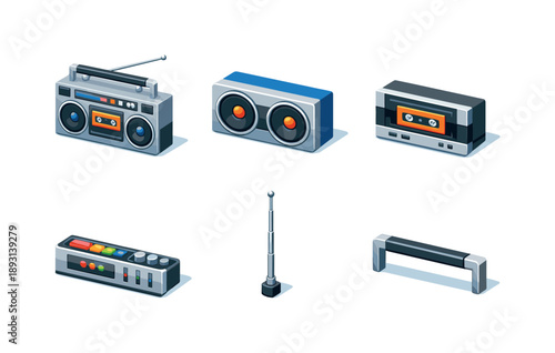 Retro Boombox Icons. Boom box stereo. Isometric flat vector icons set of boom box stereo: classic boombox unit, dual speaker grille, cassette deck slot,