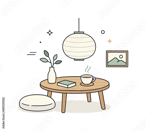 Serene Japandi Corner. Japandi style decor objects. A minimal living room corner with a round wooden table, paper lantern, and a cup of tea. A serene, airy