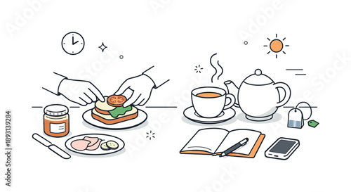 Minimalist Breakfast Scene. Fast homemade breakfast. Preparing a small sandwich and tea, quiet morning productivity and comfort. Minimal scene with soft