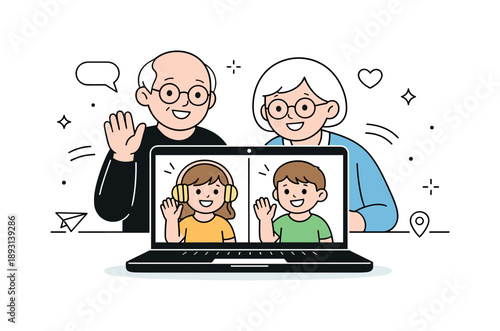 Family Video Call. Video calling family illustration. Grandparents talking with grandchildren on a laptop screen. Friendly and emotional moment showing
