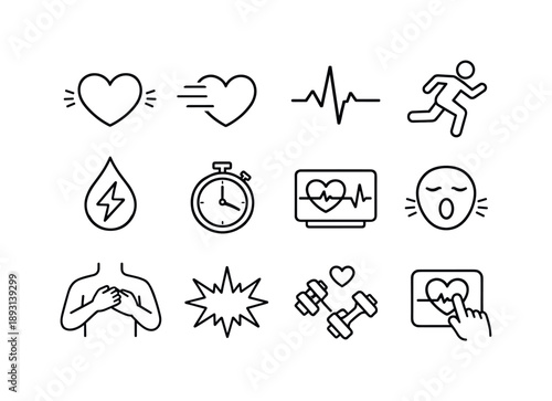 Heart Racing Icons. Heart racing. Line icon set of Heart racing: fast heartbeat, heart with motion lines, pulse wave, running figure, adrenaline