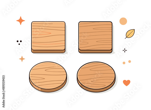 Minimalist Wooden Coasters. Wooden coasters minimal. Several square and round wooden coasters displayed side by side, suggesting choice and thoughtful home