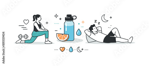 Holistic Fitness Habits. Healthy lifestyle goals. A balanced scene combining exercise, water bottle, and rest elements, showing holistic fitness habits. Calm