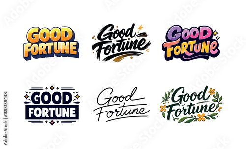Good Fortune Lettering. Good Fortune. Set lettering. harmonious lettering variations of the same emblematic concept, each with different artistic