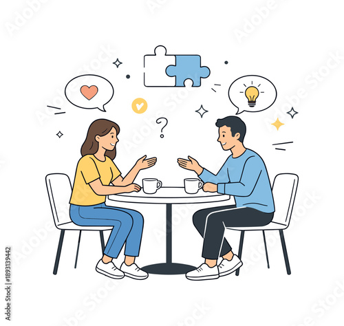 Peaceful Dialogue. Romantic relationship advice for millennials. Two people sitting at a small table, gently resolving a disagreement with calm gestures and