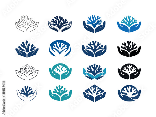Marine Conservation Icons. Marine conservation. Icon set. Set Logo of marine conservation: coral reef preservation symbol. harmonious logo variations of the