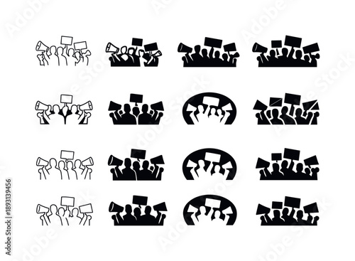 Protest Logo Variations. Streets filled with protesters. Icon set. Set Logo of Streets filled with protesters: megaphones and protest signs. harmonious logo