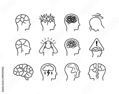Mental Collapse Icons. Mental Collapse. Line icon set of Mental Collapse: fragmented head outline, mind shattering symbol, collapsing thoughts icon, unstable