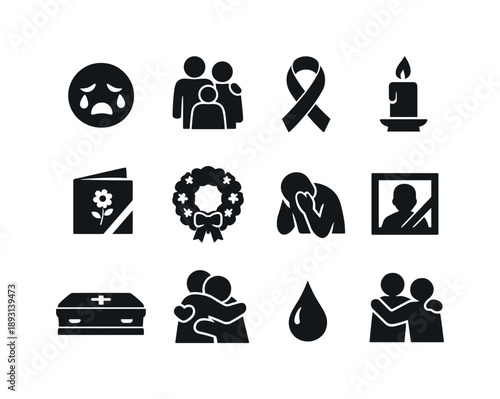Grief Icon Set. Grief and mourning. Solid icon set of Grief and mourning: weeping face, mourning family, black ribbon, remembrance candle, condolence card,