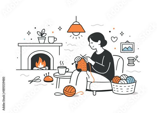 Cozy Crafting Corner. Cozy evening scene. A person knitting or crafting near the fireplace, warm light illuminating the workspace. Calm focus, comfort, and