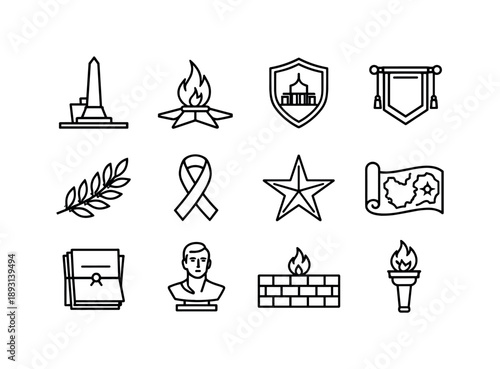 Fatherland Icon Set. Fatherland Legacy. Line icon set of Fatherland Legacy: monument silhouette, eternal flame, heritage shield, historical banner, laurel