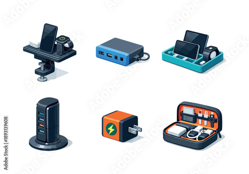 Colorful Charging Stations. Charging stations. Isometric flat vector icons set of Charging stations: desk clamp charger, universal charging port, device