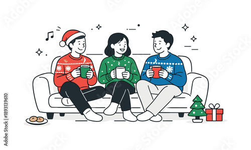 Friends in Holiday Sweaters. Wearing Christmas sweaters at home. Friends sitting on a couch in holiday sweaters with mugs of hot drinks. Warm atmosphere and