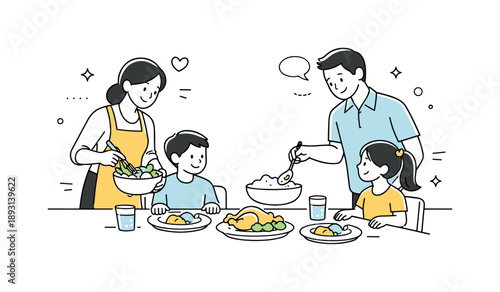 Family Dinner Harmony. Family dinner moment. Parents serving food while children sit ready at the table, calm and caring interaction. Editorial scene
