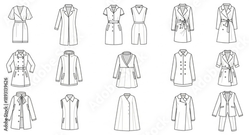 Fashion design sketches of various coats and jackets.