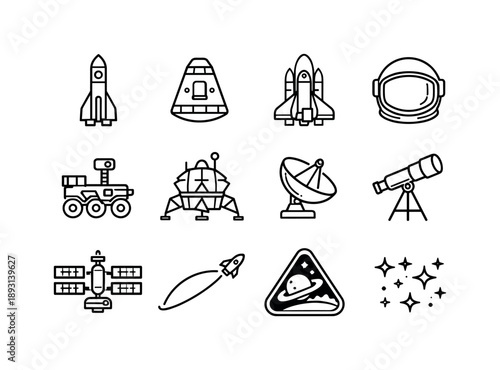 Space Exploration Icons. Space exploration objects. Line icon set of space exploration objects: rocket, space capsule, space shuttle, astronaut helmet, rover,
