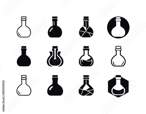 Volumetric Flask Icons. volumetric flasks. Icon set. Set Logo of volumetric flasks: flask with stopper. harmonious logo variations of the same emblematic